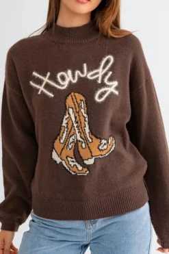 Best Dear-Lover Western Howdy Boot Graphic High Neck Sweater Coffee