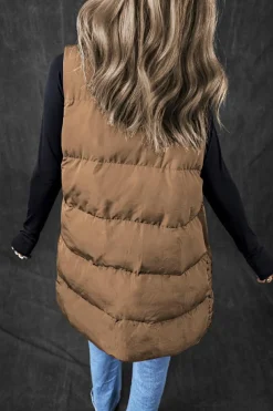 Outlet Dear-Lover Windproof Longline Full Zipper Puffer Vest with Pockets Coffee