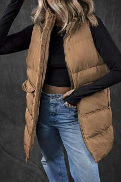 Outlet Dear-Lover Windproof Longline Full Zipper Puffer Vest with Pockets Coffee