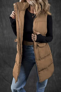 Outlet Dear-Lover Windproof Longline Full Zipper Puffer Vest with Pockets Coffee
