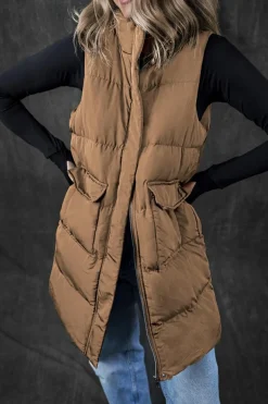 Outlet Dear-Lover Windproof Longline Full Zipper Puffer Vest with Pockets Coffee