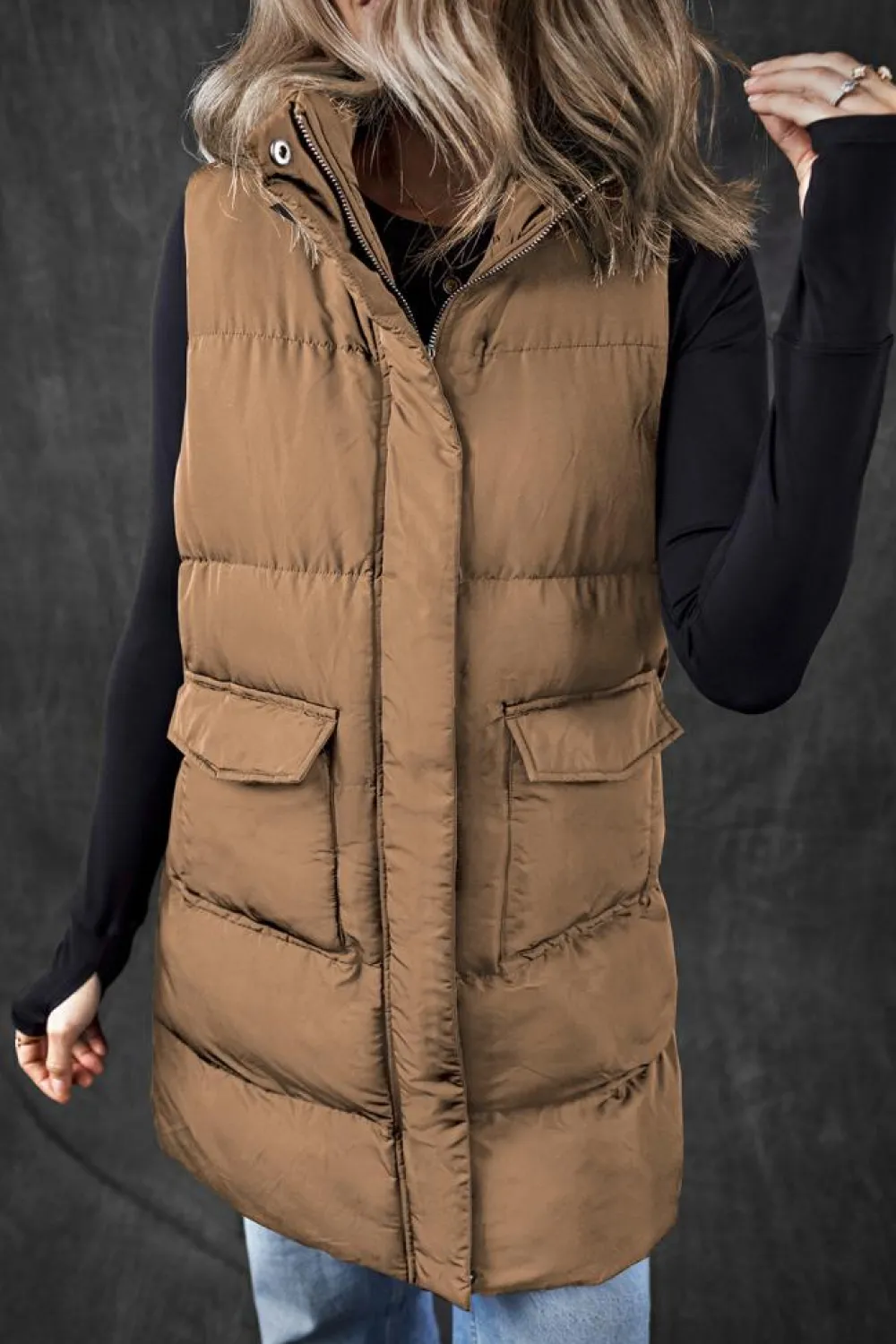 Outlet Dear-Lover Windproof Longline Full Zipper Puffer Vest with Pockets Coffee