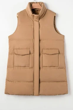 Outlet Dear-Lover Windproof Longline Full Zipper Puffer Vest with Pockets Coffee