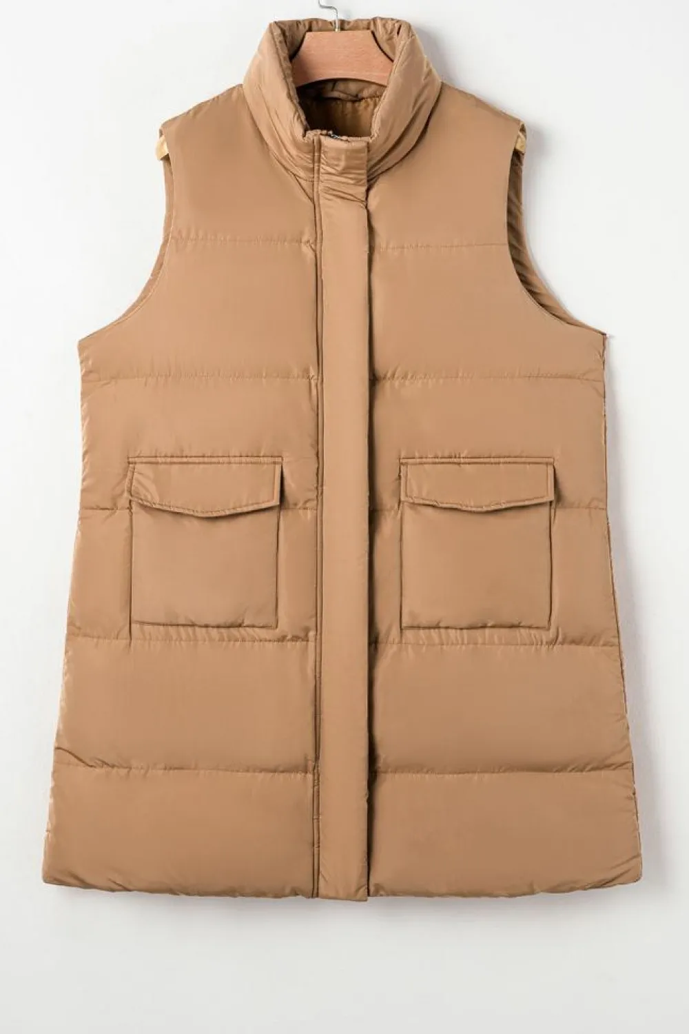 Outlet Dear-Lover Windproof Longline Full Zipper Puffer Vest with Pockets Coffee