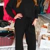 Best Dear-Lover Checkered Textured Split Pullover Top and Pants Set Color black
