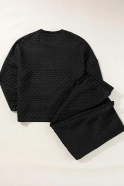 Best Dear-Lover Checkered Textured Split Pullover Top and Pants Set Color black