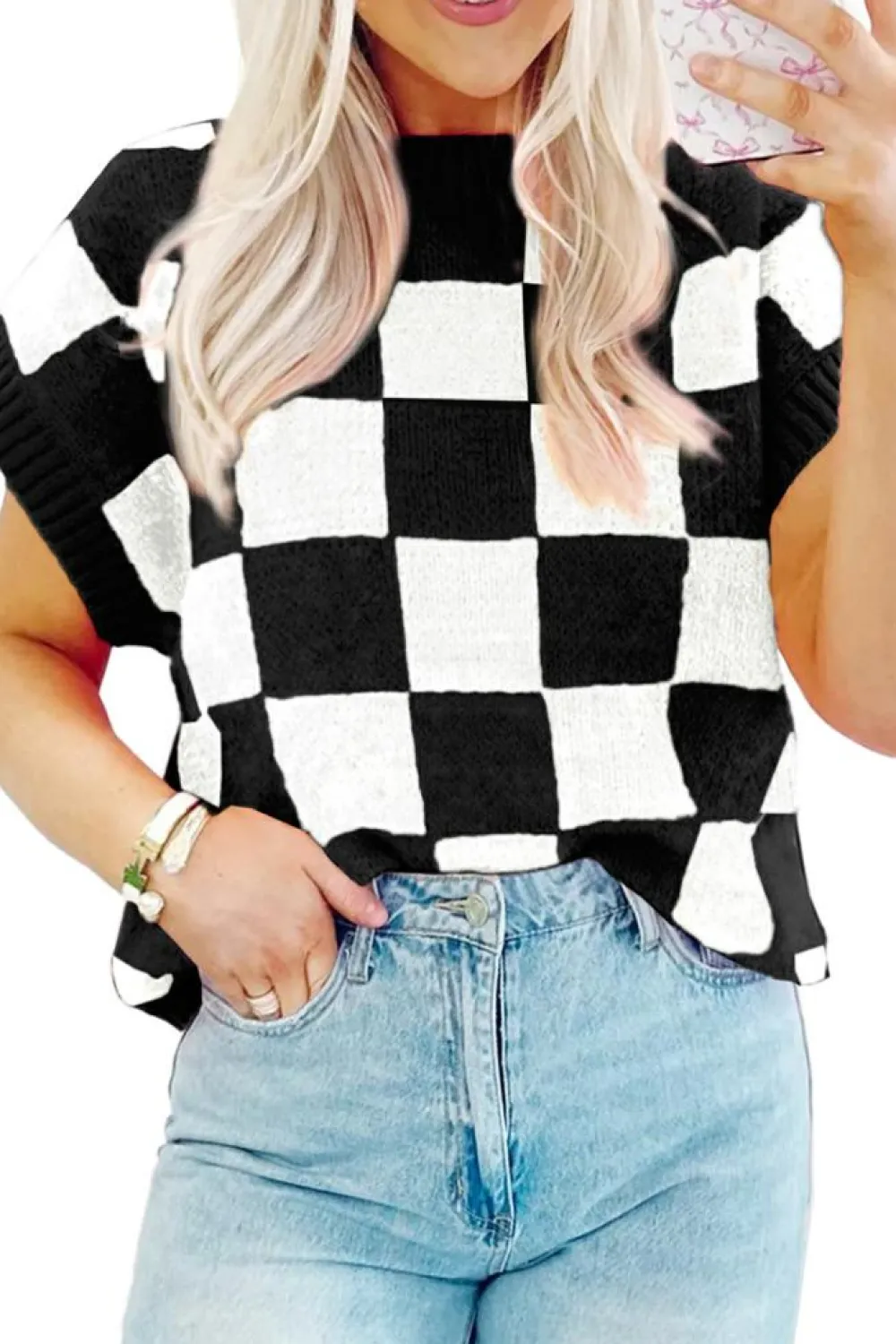 Sale Dear-Lover Colorblock Plaid Pattern Ribbed Trim Sweater Tank Top Color black