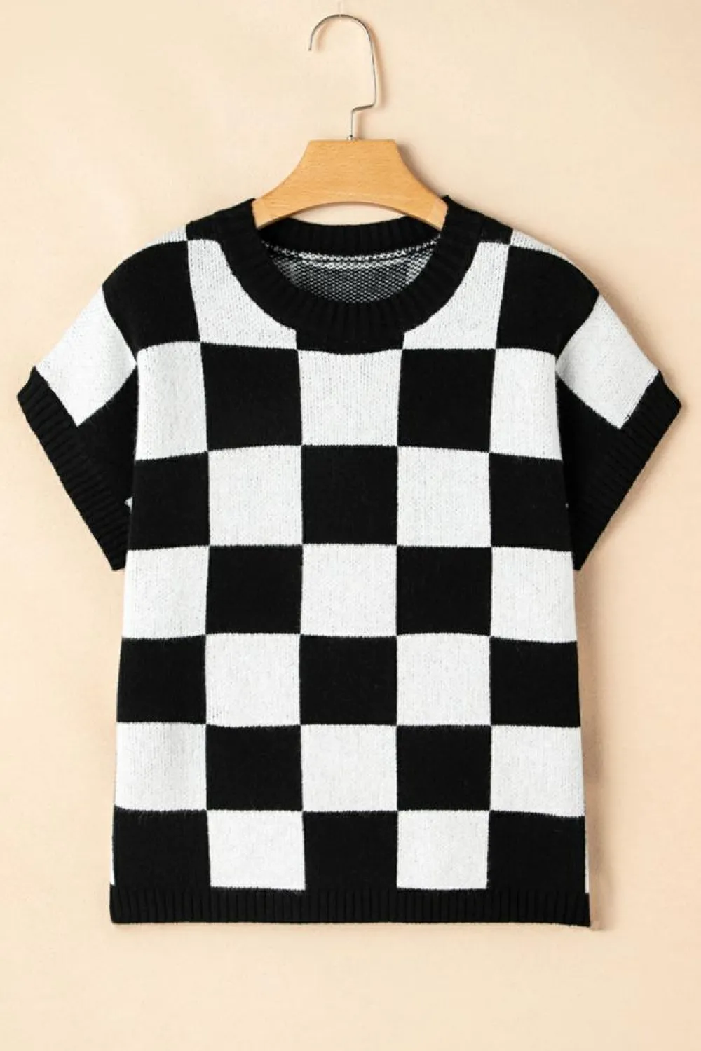 Sale Dear-Lover Colorblock Plaid Pattern Ribbed Trim Sweater Tank Top Color black