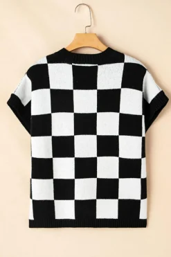 Sale Dear-Lover Colorblock Plaid Pattern Ribbed Trim Sweater Tank Top Color black