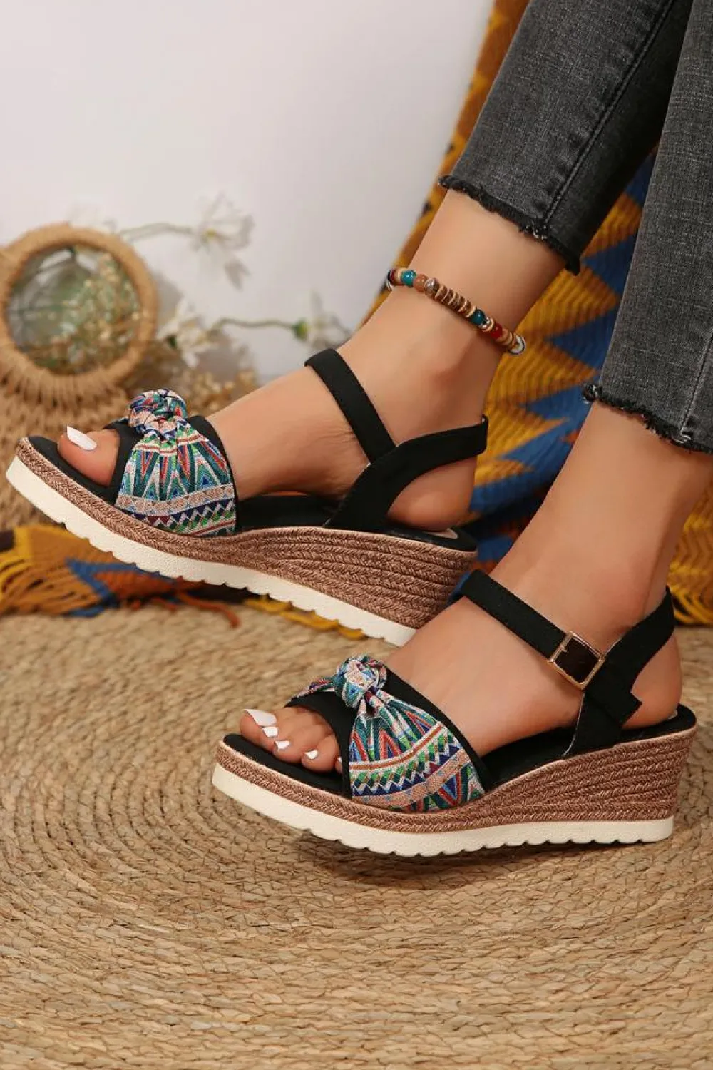 Sale Dear-Lover Contrast Bow Decor Buckle Strap Wedge Sandals Color black