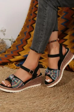Sale Dear-Lover Contrast Bow Decor Buckle Strap Wedge Sandals Color black