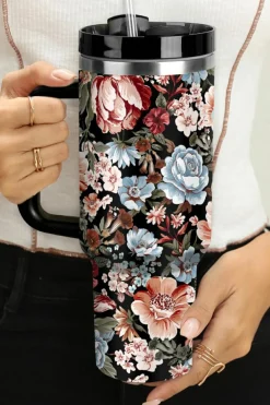 Sale Dear-Lover Floral Print Stainless Steel Large Portable Cup 40oz Color black