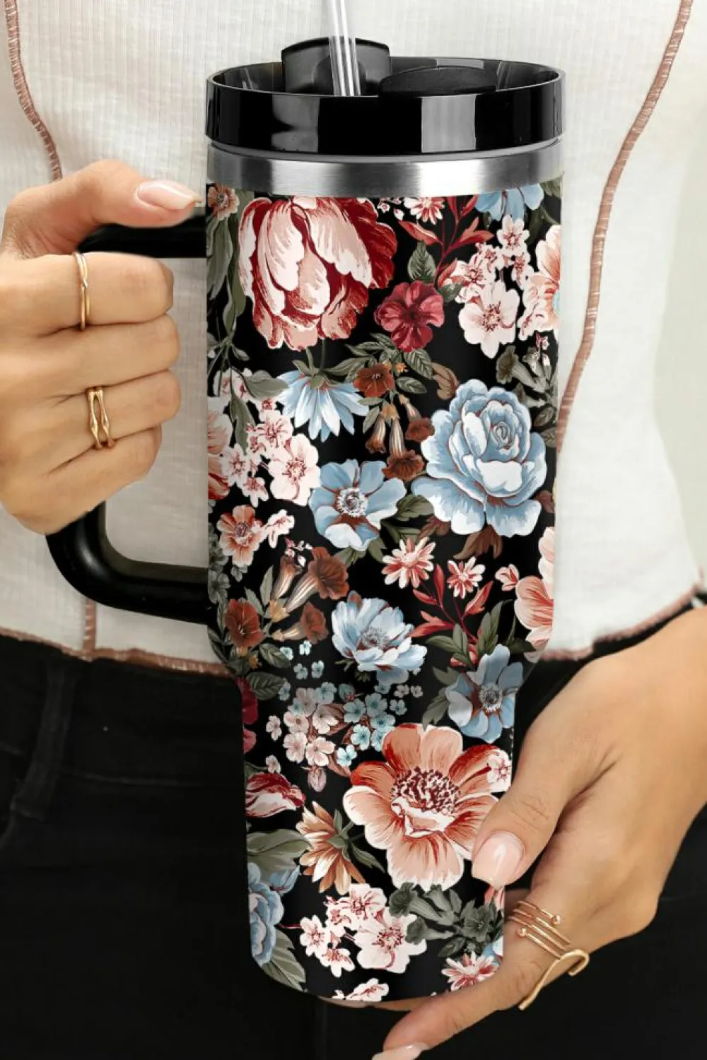 Sale Dear-Lover Floral Print Stainless Steel Large Portable Cup 40oz Color black