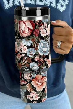 Sale Dear-Lover Floral Print Stainless Steel Large Portable Cup 40oz Color black