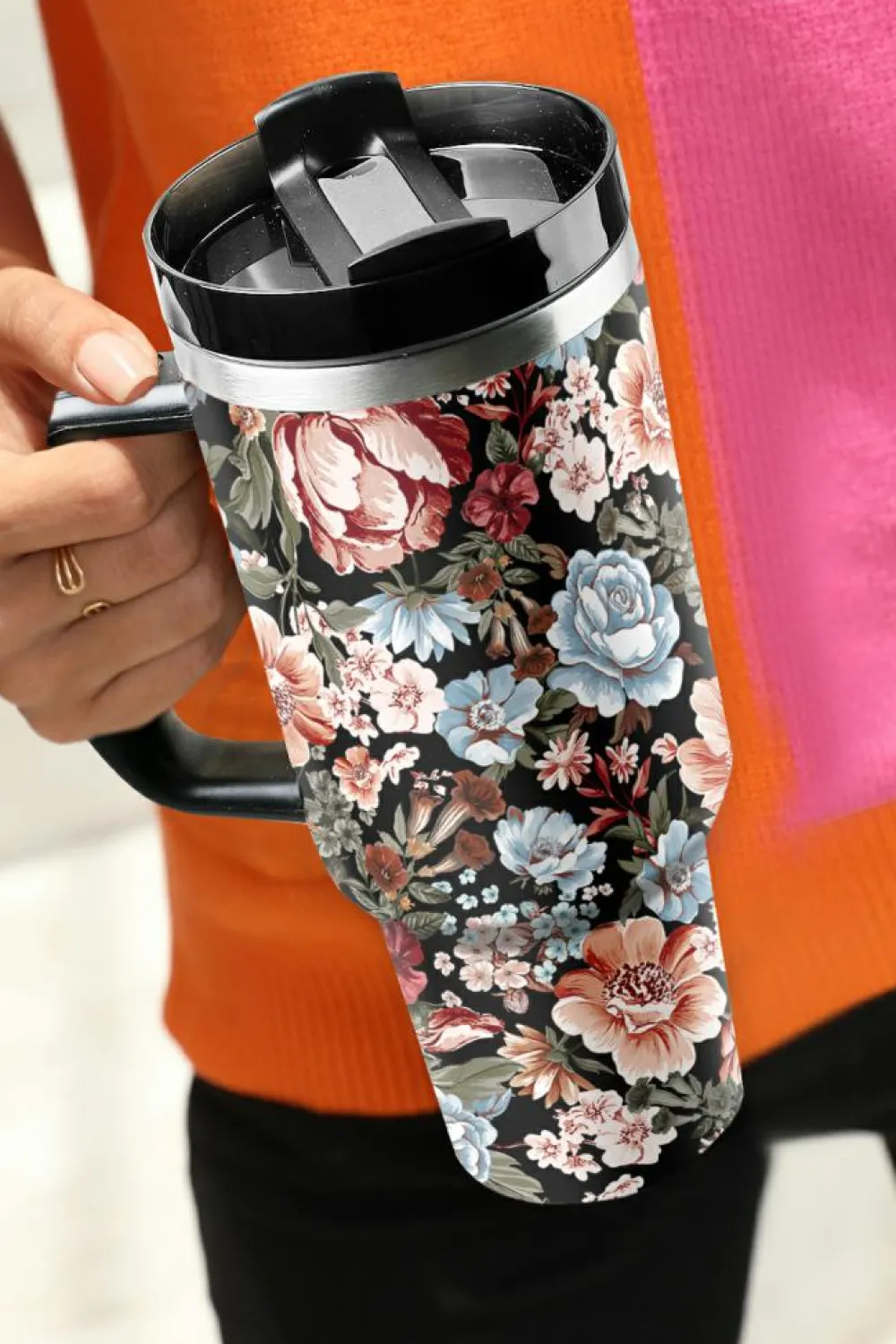 Sale Dear-Lover Floral Print Stainless Steel Large Portable Cup 40oz Color black