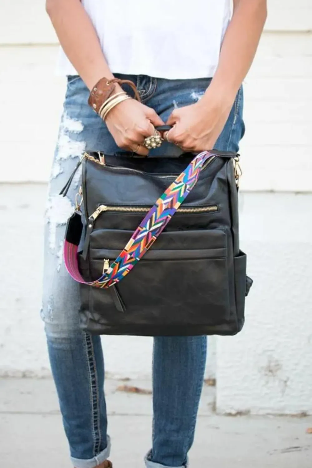 Best Dear-Lover Geometric Crochet Strap PU Leather Large Backpack Color black