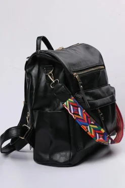 Best Dear-Lover Geometric Crochet Strap PU Leather Large Backpack Color black