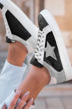 Fashion Dear-Lover Glitter Star Patchwork PU Leather Lace-up Sneakers Color black