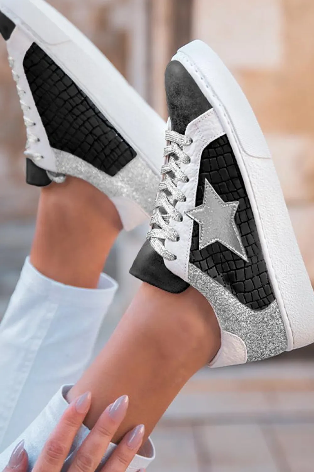 Fashion Dear-Lover Glitter Star Patchwork PU Leather Lace-up Sneakers Color black