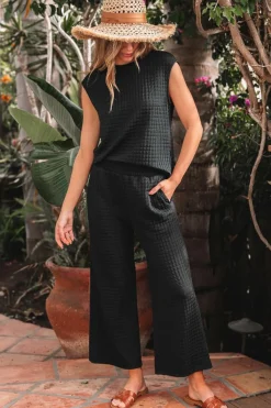 Hot Dear-Lover Textured Knit Cap Sleeve T Shirt and Wide Leg Pants Set Color black