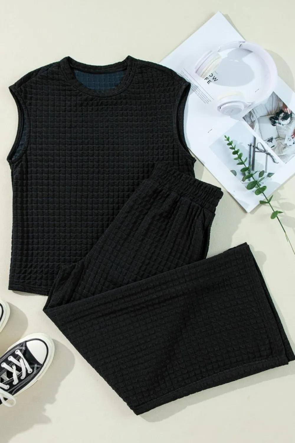 Hot Dear-Lover Textured Knit Cap Sleeve T Shirt and Wide Leg Pants Set Color black