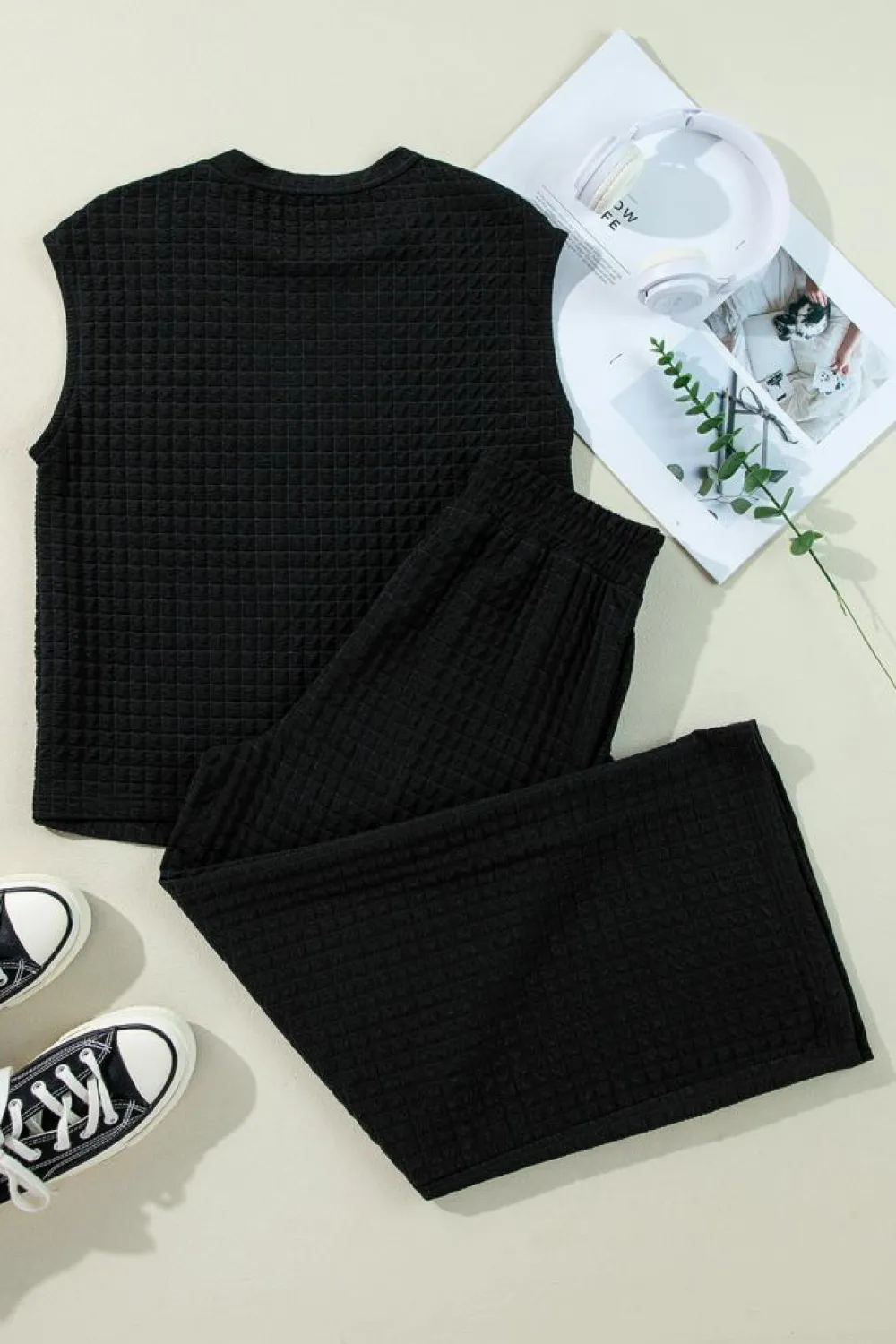 Hot Dear-Lover Textured Knit Cap Sleeve T Shirt and Wide Leg Pants Set Color black