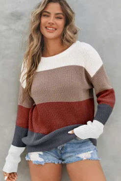 Discount Dear-Lover Color Block Knitted O-neck Pullover Sweater Fiery Red