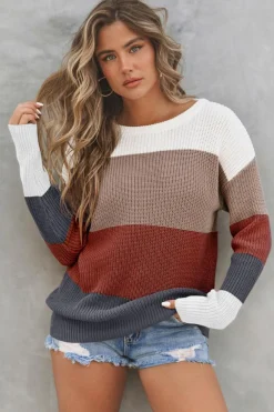 Discount Dear-Lover Color Block Knitted O-neck Pullover Sweater Fiery Red