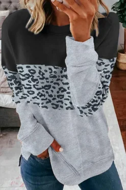 Discount Dear-Lover Colorblock Contrast Stitching Sweatshirt with Slits Gray