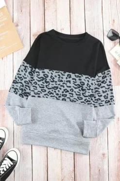 Discount Dear-Lover Colorblock Contrast Stitching Sweatshirt with Slits Gray