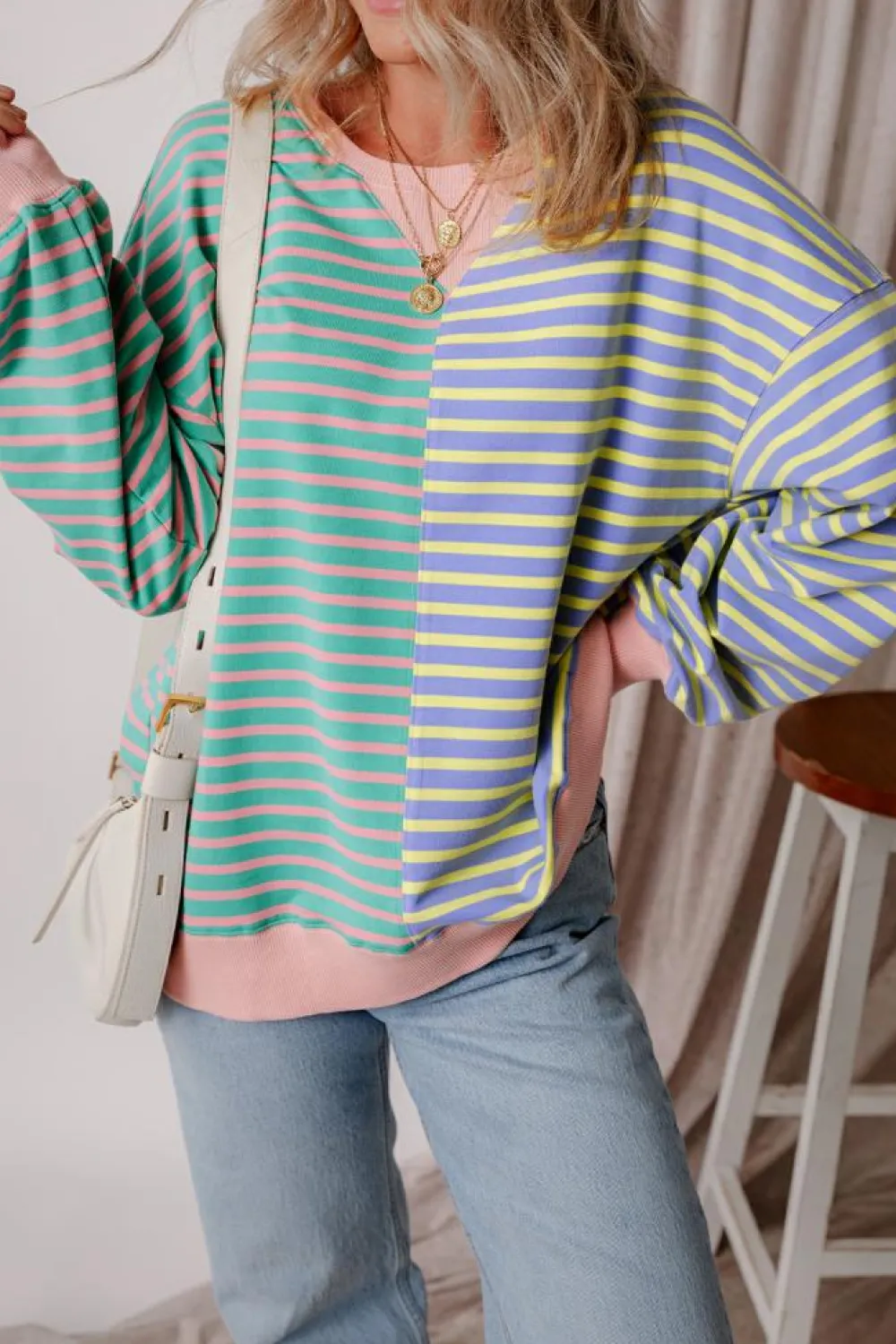 Sale Dear-Lover Colorblock Drop Shoulder Oversize Sweatshirt Sky Blue Stripe