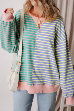 Sale Dear-Lover Colorblock Drop Shoulder Oversize Sweatshirt Sky Blue Stripe
