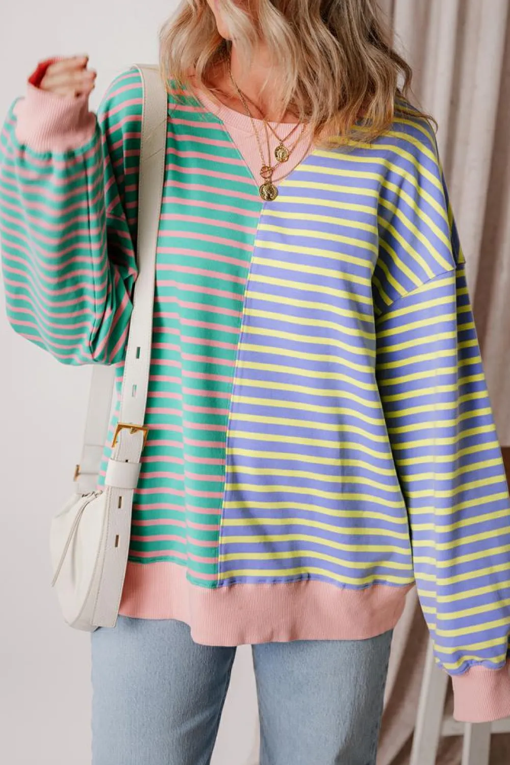 Sale Dear-Lover Colorblock Drop Shoulder Oversize Sweatshirt Sky Blue Stripe