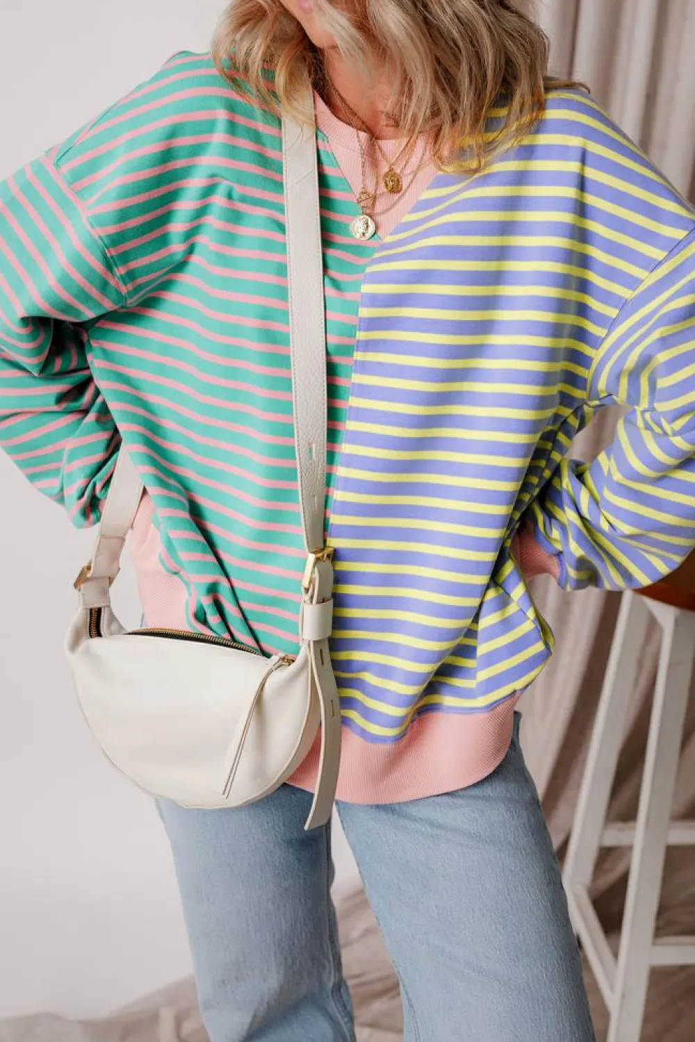 Sale Dear-Lover Colorblock Drop Shoulder Oversize Sweatshirt Sky Blue Stripe