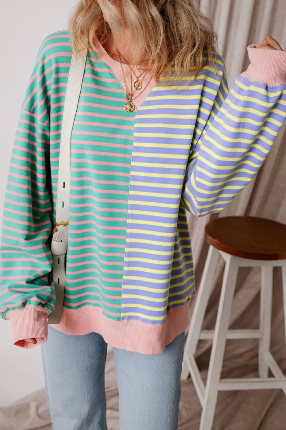 Sale Dear-Lover Colorblock Drop Shoulder Oversize Sweatshirt Sky Blue Stripe