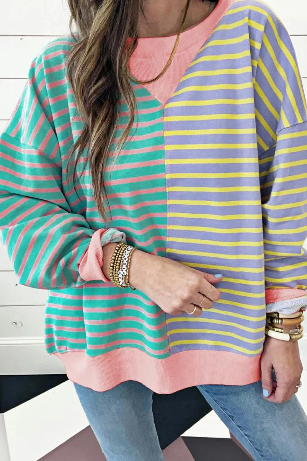 Sale Dear-Lover Colorblock Drop Shoulder Oversize Sweatshirt Sky Blue Stripe