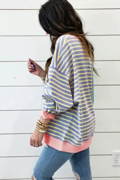 Sale Dear-Lover Colorblock Drop Shoulder Oversize Sweatshirt Sky Blue Stripe