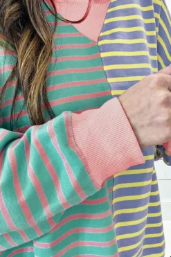 Sale Dear-Lover Colorblock Drop Shoulder Oversize Sweatshirt Sky Blue Stripe