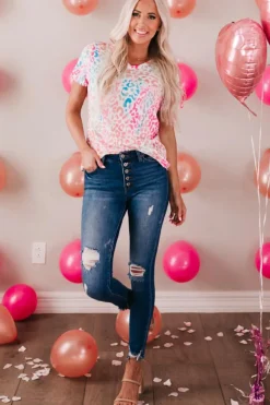 Online Dear-Lover Colorful V Neck Short Sleeve Top Leopard