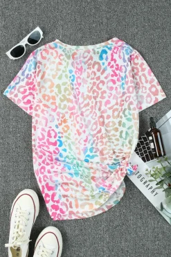 Online Dear-Lover Colorful V Neck Short Sleeve Top Leopard