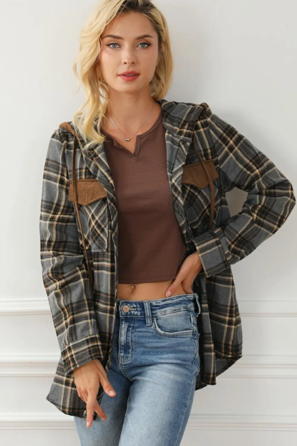 Sale Dear-Lover Contrast Hooded Drawstring Plaid Shacket Gray
