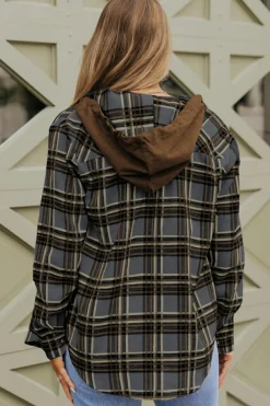 Sale Dear-Lover Contrast Hooded Drawstring Plaid Shacket Gray