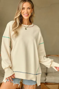 Best Dear-Lover Contrast Stitching Split Baggy Sweatshirt White