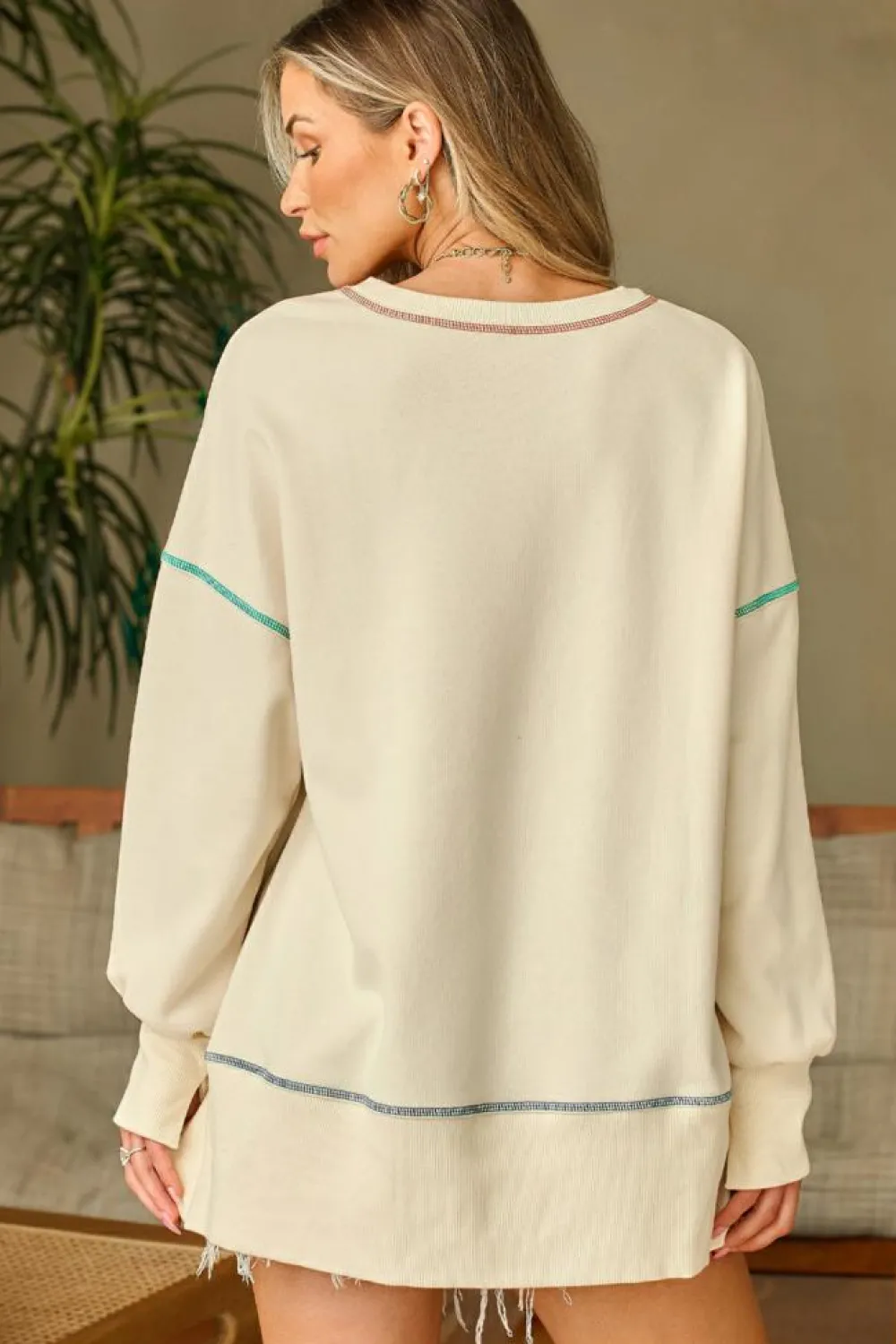 Best Dear-Lover Contrast Stitching Split Baggy Sweatshirt White
