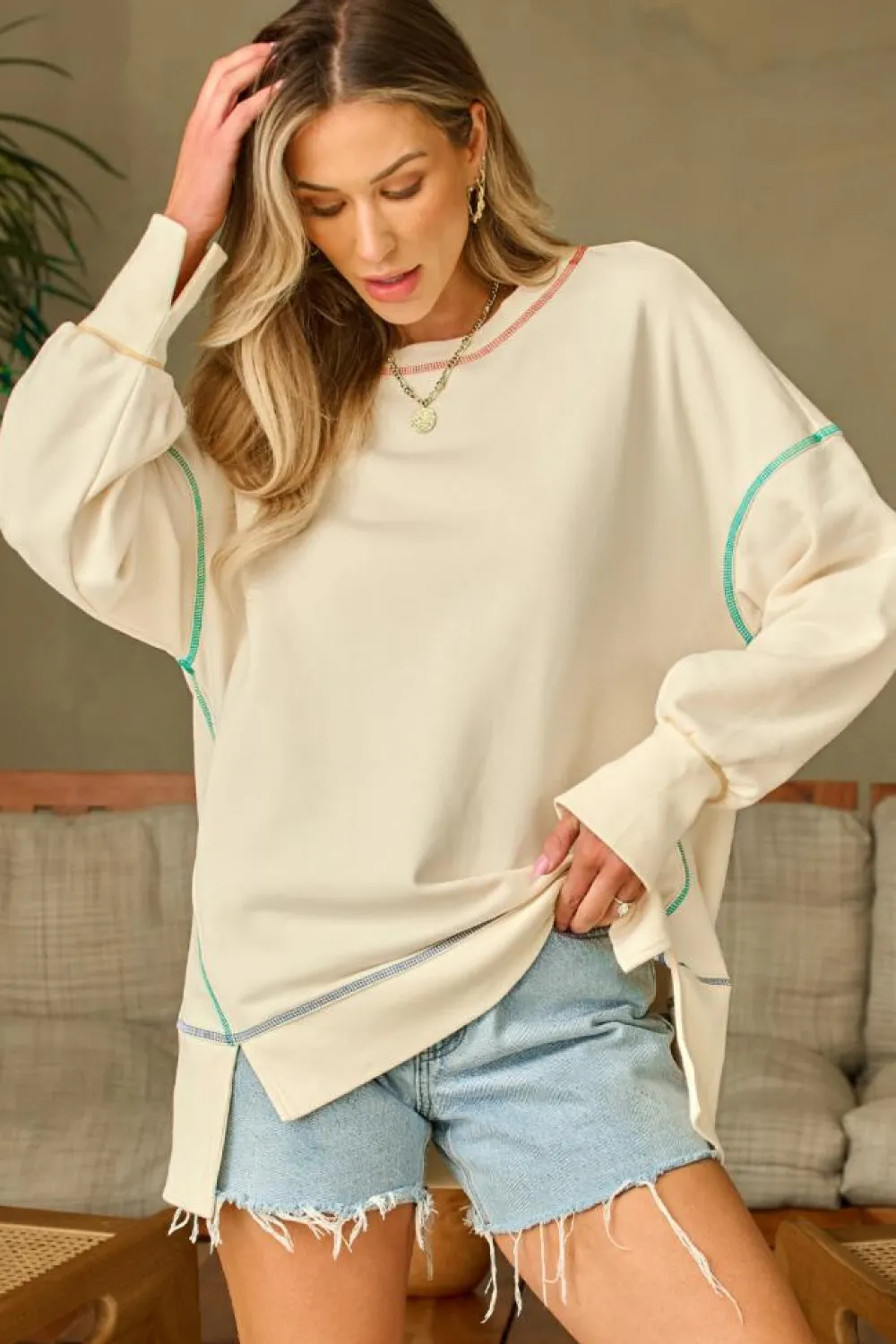Best Dear-Lover Contrast Stitching Split Baggy Sweatshirt White