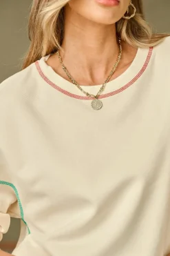 Best Dear-Lover Contrast Stitching Split Baggy Sweatshirt White