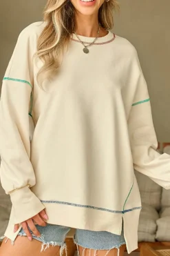 Best Dear-Lover Contrast Stitching Split Baggy Sweatshirt White