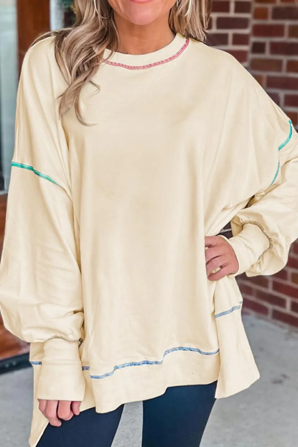Best Dear-Lover Contrast Stitching Split Baggy Sweatshirt White