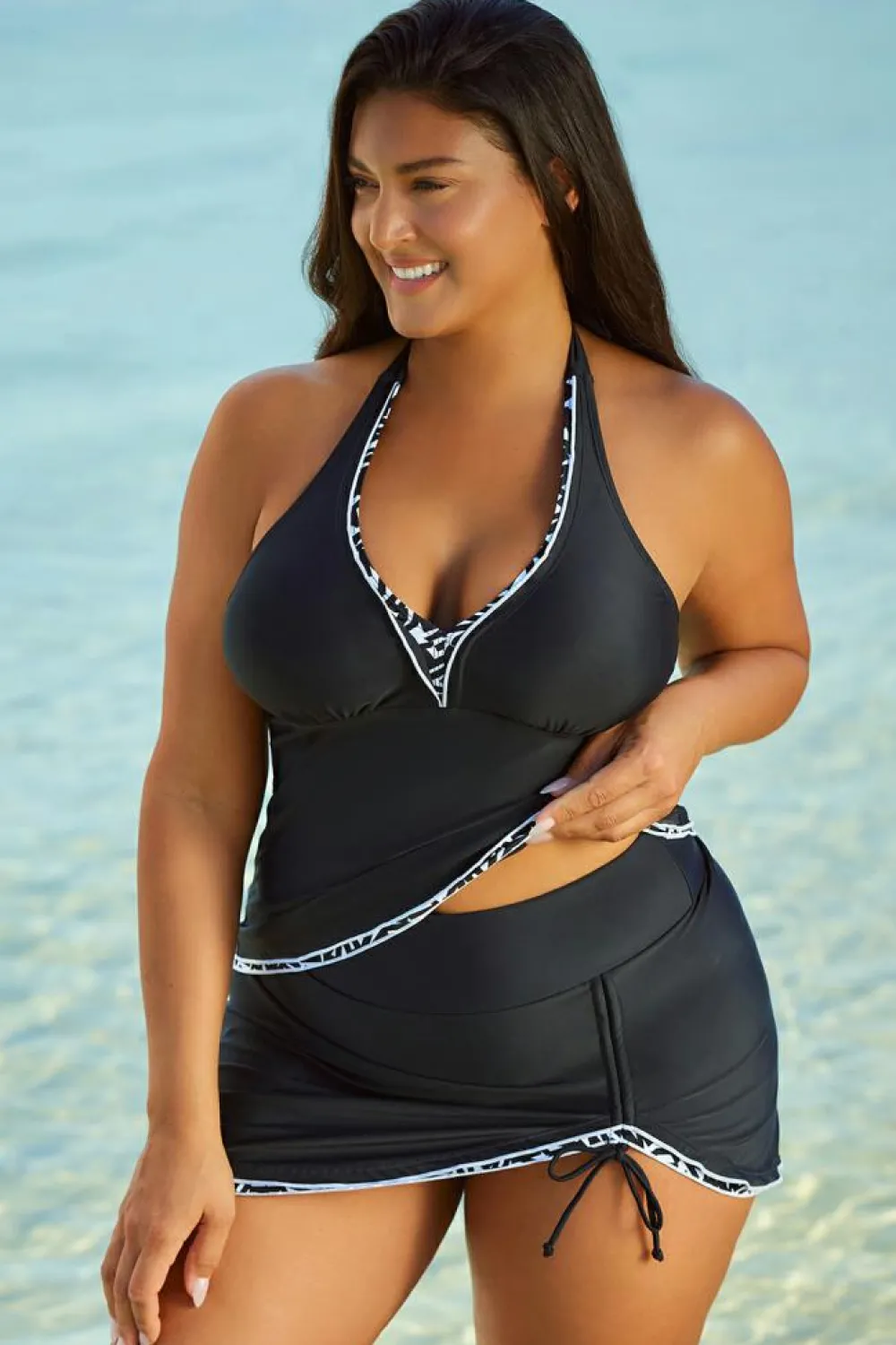 Sale Dear-Lover Contrast Trim Royal Blue Halter Tankini Top with Swimsuit Skirt Tankini Set Black white lace