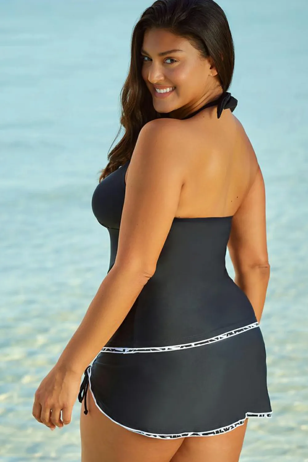 Sale Dear-Lover Contrast Trim Royal Blue Halter Tankini Top with Swimsuit Skirt Tankini Set Black white lace